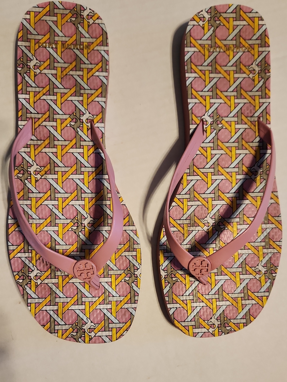Tory Burch Pink and Purple Patterned Flip Flop Sandals